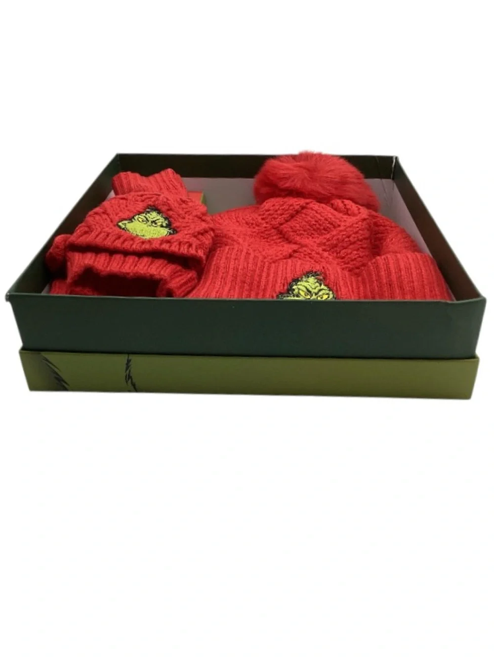 The Grinch Beanie with Faux Fur Pom and Embroidered Gloves Boxed Set (NWT)